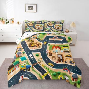 Imagem de jejeloiu Conjunto de edredom com escavadeira, veículos de construção, para todas as estações, com 1 fronha, desenho animado, microfibra, roupa de cama de solteiro, para decoração de quarto, edredom