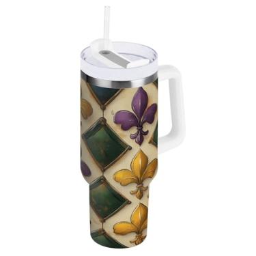 Imagem de Blueangle Copo isolado para Mardi Gras de 1,134 g com alça e tampa de palha, caneca de viagem reutilizável de aço inoxidável (98)
