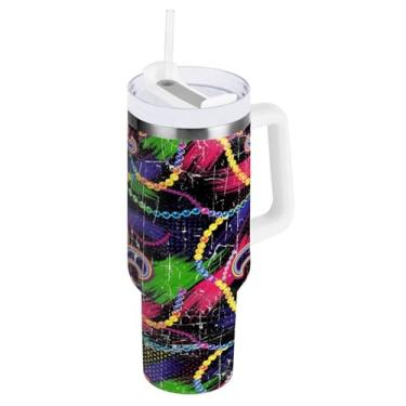 Imagem de Blueangle Copo térmico neon de 850 g Mardi Gras com alça e tampa de palha, caneca de viagem reutilizável de aço inoxidável (954)