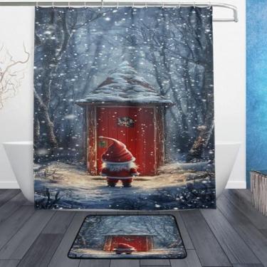 Imagem de xigua Gnomos de Natal fofos conjuntos de tapetes de cortina de banho 2 peças, conjunto de tema de banheiro (152 x 182 cm) com cortina de chuveiro e tapete antiderrapante -12 ganchos432