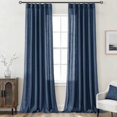 Imagem de Cortinas de linho plissadas longas de 259 cm, conjunto de 2 painéis para sala de estar, porta deslizante, natural, azul marinho, cortina de janela semitransparente, neutra elegante, cortinas plissadas