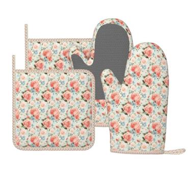 Imagem de Luvas de forno e suportes de panela rosa flor vintage botânico acessórios de cozinha de silicone conjunto de 4 luvas longas resistentes ao calor pegador de panela antiderrapante para chef, cozinhar