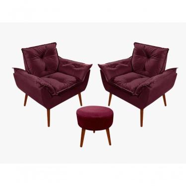 Imagem de Kit C-02 Poltronas Opala + 01 Puff Redondo Danny Suede Bordô