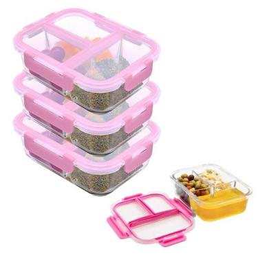 Imagem de Kit 3 Pote Vidro Hermético 3 Divisórias Tampa Marmita 1040ml - MUNDIAR