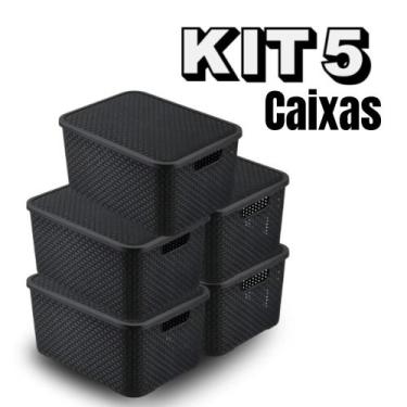 Imagem de Kit 5 Caixas Cestos Organizador Com Tampa Rattan 7 Litros - Arqplast