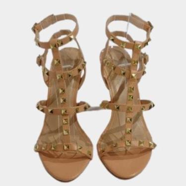 Imagem de Sandália Tamanco Feminina Solis Brasil Couro Areia Caseinado Salto com Fivela 10cm-Feminino