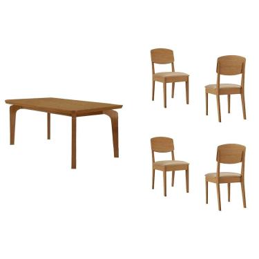 Imagem de Conjunto: Mesa Sala Jantar Londrina c/ Tampo Madeirado c/ Vidro Canto Curvo 120x80cm 4 Cadeiras Havana Naturale/Off White - Linho Bege Rufato