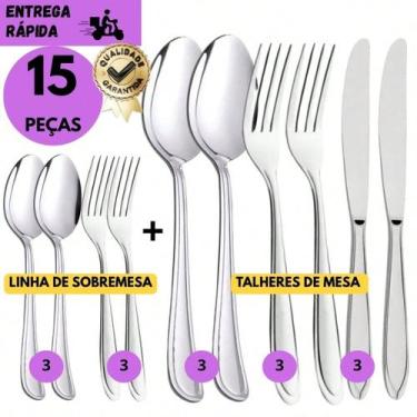 Imagem de Kit 15 Talheres Inox Jogo Completo Aço Inoxidável, Faca, Colher, Garfo