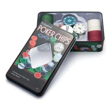 Imagem de Kit Poker Profissional Em Lata 100 Fichas Jogo Baralho - - Kadê, A
