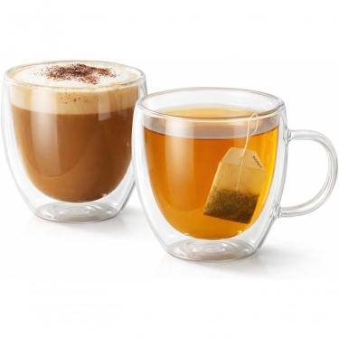 Imagem de Jogo 2 Xicaras Vidro Duplo 250ML Termico Parede Dupla com Alca para Cafe e Cha Borossilicato Transparente