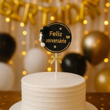 Imagem de Topo de Bolo Feliz Aniversário Redondo com Laço 18cm Papel Cartão e Plástico Preto Extra Festas