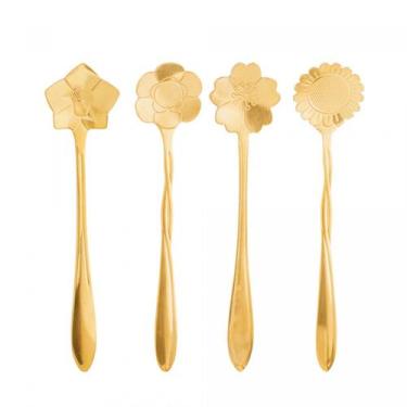 Imagem de Conjunto com 4 Colheres de Chá de Inox Flores Dourado - ROJEMAC