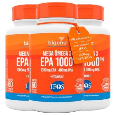 Imagem de Mega Omega 3, EPA 400mg - DHA 1000mg, com vitamina E, Certificado IFOS, 60 cápsulas, Bigens (KIT 3X)