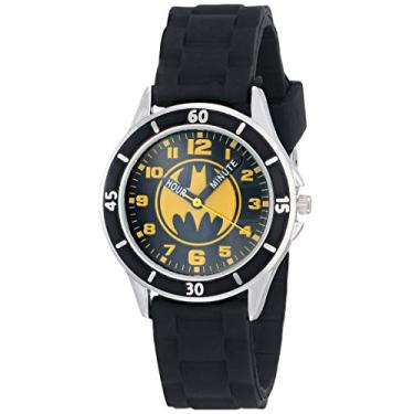 Imagem de Relógio analógico infantil Batman com estrutura prateada, bisel preto, pulseira preta - logotipo oficial do Batman amarelo/preto no mostrador, relógio para professores, seguro para