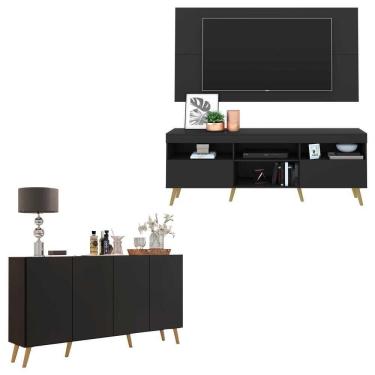 Imagem de Conjunto Sala de Estar Rack + Painel TV 65&quot; e Aparador Retrô Sofia Multimóveis Preto/Natural