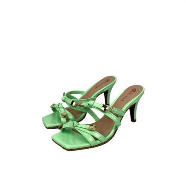 Imagem de Sandália Tamanco Feminina Salto Mule Bico Quadrado Verde - Sante Shoes