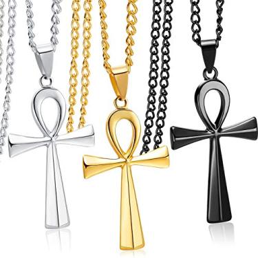 Imagem de Hicarer Colar masculino com pingente Ankh de aço inoxidável, preto, dourado, prata