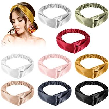 Imagem de 9 peças de bandana sedosa elástica envoltório de cabelo sedoso para lavar o rosto cabeça de seda torcida bandana de cetim ajustável bandana de turbante sedosa para mulheres meninas acessórios de envoltório de cabelo, 9 cores