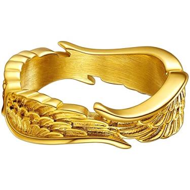 Imagem de ChainsHouse Anel antigo de penas de asa de anjo para homens e mulheres, aço inoxidável/ouro 18 quilates/banhado a metal preto, joias de anel de pena vintage resistente, tamanho 7-12,