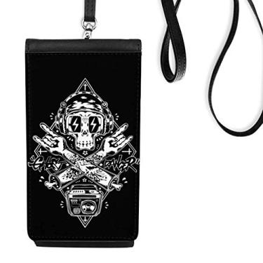 Imagem de Bolsa carteira para celular com estampa de caveira de ouvir música preta bolso preto