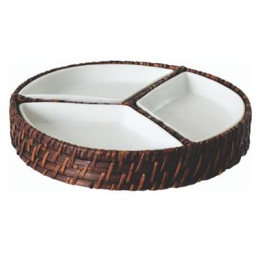 Imagem de Petisqueira Redonda Com 3 Divisões Em Rattan E Porcelana 25 X 4 Cm Mes