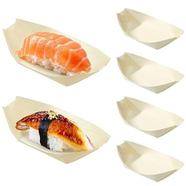 Imagem de Pratos de madeira descartáveis para de madeira de bambu, pratos, sushi, bandeja de servir sushi, bandeja de servir de bambu, folha, barco, recipiente de alimentos, tigela de madeira para buffet e uso doméstico, 100 peças