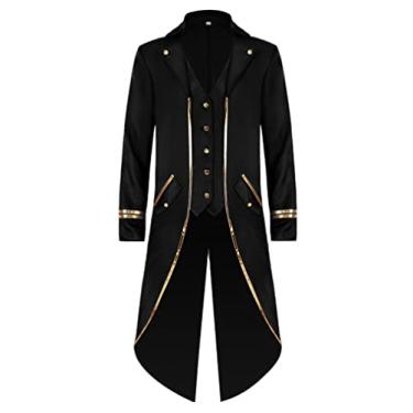 Imagem de Jaqueta vintage steampunk masculina gótica vitoriana VTG fantasia de smoking medieval formal para Halloween, Preto, 4G