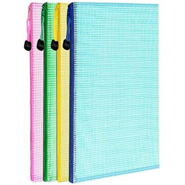 Imagem de Pacote com 4 bolsas de malha com zíper, LEOBRO A4 sacos de malha com zíper, envelopes de plástico, pastas de arquivo com zíper, sacos de armazenamento para organização, jogos de tabuleiro, viagens, materiais escolares de escritório