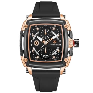 Imagem de Relógio masculino quadrado, moderno, esportivo, multifunções, cronógrafo, quartzo, analógico, presente para homens, pulseira de borracha e pulseira de silicone, Ouro rosa, Casual