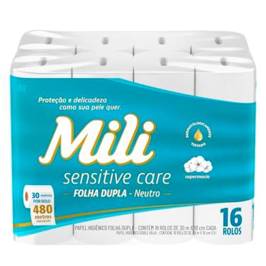 Imagem de Papel Higiênico Mili Sensitive Care Folha Dupla - 16 Rolos de 30m - Supermacio, Neutro e Dermatologicamente Testado - Cuidado para Peles Sensíveis