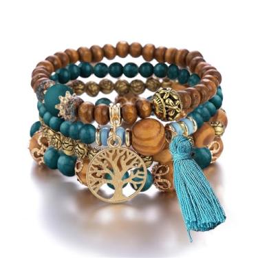 Imagem de Conjunto de 4 peças de pulseiras empilháveis boêmias para mulheres, meninas, homens, elásticas, multicamadas, berloques coloridos, árvore da vida, borlas, joias hippie, delicadas, presente de melhor