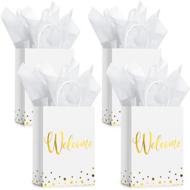 Imagem de Geyoga 30 peças de sacos de presente de boas-vindas com papel de seda dourado bem-vindo sacos de casamento com alça sacolas de papel kraft de boas-vindas para negócios, aniversário, compras,