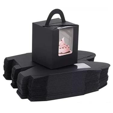 Imagem de Hewnda Pacote com 20 caixas individuais de cupcake, caixas de presente individuais portáteis para cupcake, caixas com janela e inserções para embalagem de lembrancinhas de festa (preta)