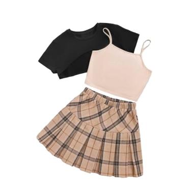 Imagem de Verdusa Conjunto de 3 peças de blusa cropped e saia plissada com estampa xadrez e camiseta, Preto, laranja, 8-9 Anos