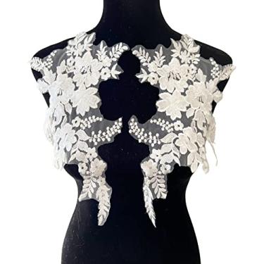 Imagem de PEPPERLONELY 1 par de vestidos de noiva com aplique de renda bordado e flor de lantejoulas para costurar em renda bordada adorno de cabeça de noiva acessórios de roupas faça você mesmo, 35,5 x 23,8 cm - branco