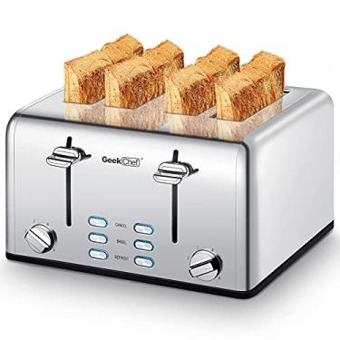 Imagem de 4 Slice, Geek Chef Stainless Steel Toaster with Extra Wide Slots, 4 Slot Toaster with Bagel/Defrost/Cancel Function, Dual Control Panel of 6 Toasting Bread Shade Settings, Removable Crumb Trays, High Lift Lever, ETL
