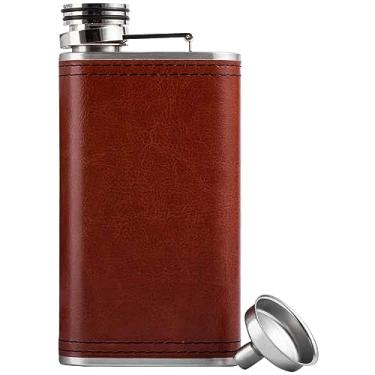 Imagem de Garrafa de quadril para bebidas alcoólicas para homens e mulheres - boca larga à prova de vazamento - Couro PU marrom 227 g Grip Cap Pocket Flask + Funil