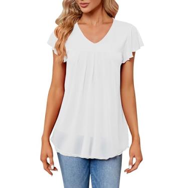 Imagem de Camiseta feminina, gola V, plissada, manga curta, com babados, caimento solto, cor lisa, túnica, camisa de verão, Branco, G