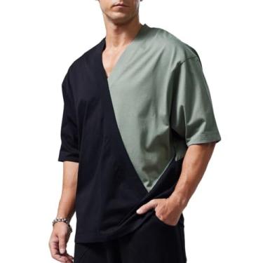 Imagem de CJFZKJDI Camisetas Masculinas com Decote Em V – Camisetas Macias com Ajuste Solto e Bloqueio de Cores da Moda – Resistentes a Rugas e Respiráveis,Green,XL