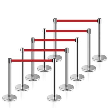 Imagem de MICHELANGELO Kit 10 Pedestais Premium Organizador Separador de Fila Cromado com Fita Retrátil Vermelha 2 Metros Anti-Oxidante