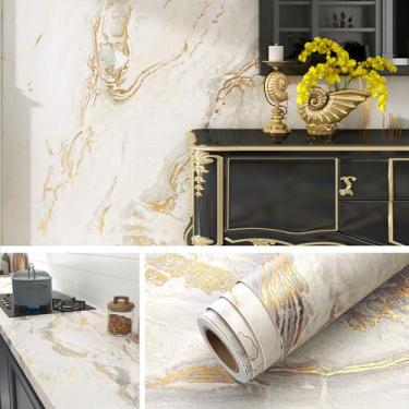 Imagem de Livelynine Papel de contato branco de 40 x 500 cm bancadas de papel de parede de mármore branco e dourado à prova d'água para banheiro quarto paredes de locatário capa de bancada de cozinha granito