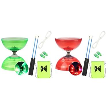 Imagem de SagaSave Flashing Triple Bearing Diabolo, Soft Rubber Yoyo Set, with 1 x Diabolo, 1 x Spare 10m Rope, 2 x Professional Poles, 1 x Net Bag, for Beginners & Experienced Players (Red & Green)