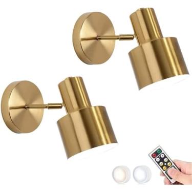 Imagem de 2 conjuntos de arandela de parede operada por bateria de metal antigo dourado sem fio com controle remoto regulável LED luz noturna decoração de parede lâmpada sem fio montada na parede para