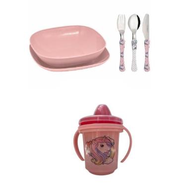 Imagem de Conjunto pratos talheres infantil copo transição - Unicornio - Simonag