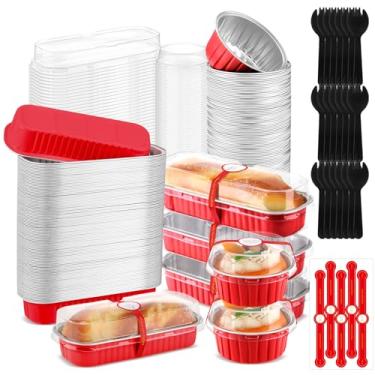 Imagem de Suclain Conjunto de 200 mini formas de pão com tampas, pacote com 100 formas retangulares de folha de alumínio de 200 ml, pacote com 100, copos redondos descartáveis de 142 g, pacote com 200 adesivos