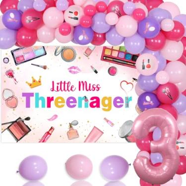 Imagem de Little Miss Threenager Birthday Decorations, 3rd Birthday Decorations for Girls, Makeup Balloon Arch Kit with Kids Spa Party Balloons Backdrop, Lipstick Lips Number 3 Foil Balloon for 3 Year Old Girl