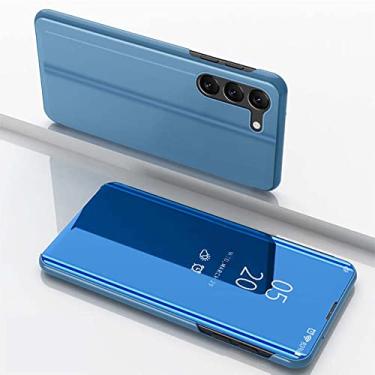 Imagem de Monwutong Capa de tela para Samsung Galaxy S23 Plus (não serve para S23), capa com espelho inteligente vertical sem flip-free com suporte e função de proteção de câmera para Galaxy S23 Plus, azul