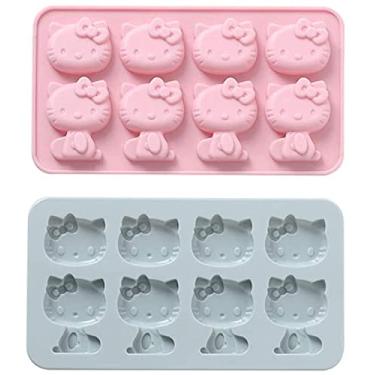 Imagem de Pacote com 8 xícaras, 2 pacotes de moldes para bolo de fondant de silicone da Hello Kitty, molde de gelo, bandeja de chocolate para açúcar, decoração de bolo de aniversário, cobertura de goma e ferramentas de assar faça você mesmo