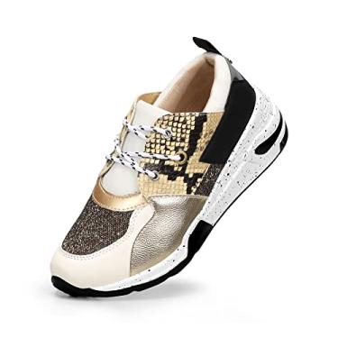 Imagem de LUCKY STEP Tênis feminino de salto alto, plataforma, estilo cliff, retrô, com cadarço, casual, Preto/branco/dourado, 36