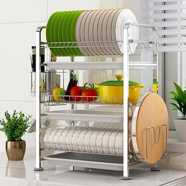 Imagem de Escorredor de pratos de cozinha de 3 níveis, escorredor de pratos com suporte de utensílios, escorredor de aço inoxidável 304 com suporte para tábuas de corte, escorredor de pratos de pia para balcão
